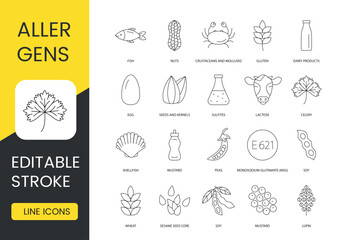 Food allergens line icon set in vector, editable stroke, nuts and fish, crustaceans and mollusks, gluten, egg and dairy products, seeds and kernels, sulfites and lactose, shellfish and celery