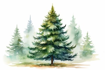 Fototapeta premium Colorful Christmas watercolor trees on the white background. A lot of fir-trees. Decorative wallpaper, good for printing. Happy New Year. Winter time