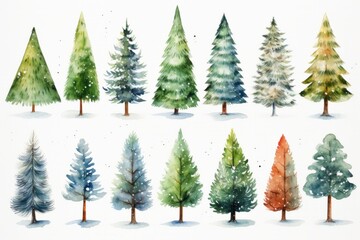 Colorful Christmas watercolor trees on the white background. A lot of fir-trees. Decorative wallpaper, good for printing. Happy New Year. Winter time