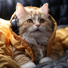 An adorable cat wearing headphone. A relaxing cat sitting while listening music in headphone.
