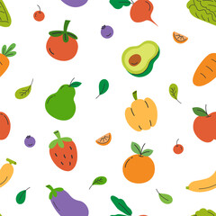 Fruits and vegetables seamless pattern. Grocery theme repeating print. Flat cartoon style vector illustration for background, wallpaper, package or wrapping.