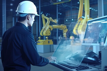 Engineer manager monitors and controls robot arm automation in smart factories in real time monitoring system software, welding robots and digital manufacturing operations