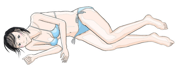 水着で寝そべる女の子12　ショートヘア　側位伸身　ビキニ青