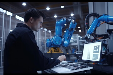 Engineer manager monitors and controls robot arm automation in smart factories in real time monitoring system software, welding robots and digital manufacturing operations