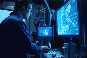 Fototapeta premium Engineer manager monitors and controls robot arm automation in smart factories in real time monitoring system software, welding robots and digital manufacturing operations