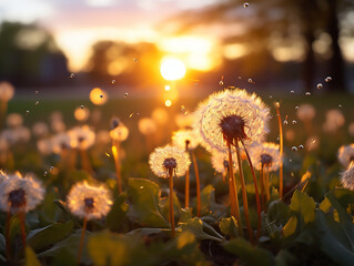 Close up of a dandelion with the seeds flying away