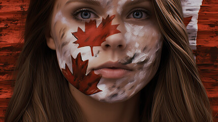 Close up of a face of a girl with creative visage. Face art Canada flag style.