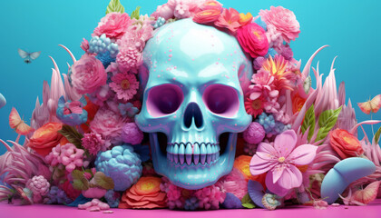 Colorful Halloween skull with colorful flowers against light blue background. Creative Santa Muerte concept