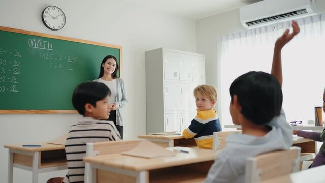 Female teacher standing at green chalkboard teaching and writing with chalk in mathematics subject at elementary school. Students raising hand answer question teacher in classroom.