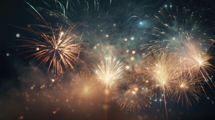 Fototapeta premium Abstract colored firework background with free space for text. Bright fireworks. Background festive night fireworks in the sky. generative ai