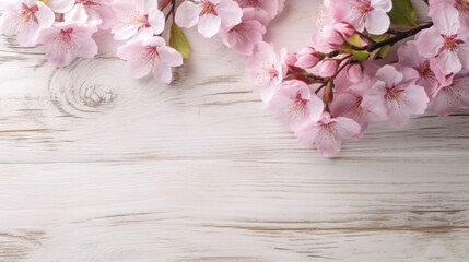 Fototapeta na wymiar Pink cherry blossoms on white wooden background