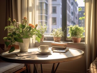 A cup of coffee and vase of flowers on a wooden table by the window, sunlight passing through the window. Generative AI