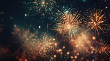 Naklejka premium Abstract colored firework background with free space for text. Bright fireworks. Background festive night fireworks in the sky. generative ai