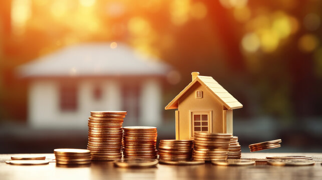 Golden Abode: A Stack of Wealth Amidst Blurred Home Backdrop. Generative AI