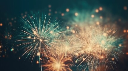 Fototapeta premium Abstract colored firework background with free space for text. Bright fireworks. Background festive night fireworks in the sky. generative ai