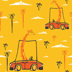 Giraffe on car funny cool summer t-shirt seamless pattern. Road trip vacation print design. Beach tropica - 616894011