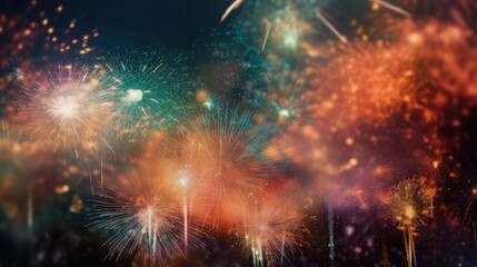 Fototapeta premium Abstract colored firework background with free space for text. Bright fireworks. Background festive night fireworks in the sky. generative ai