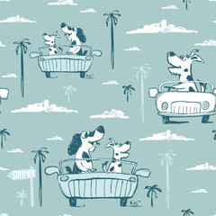 Dog on car funny cool summer t-shirt seamless pattern. Road trip vacation print design. Beach tropical travel - 616894099
