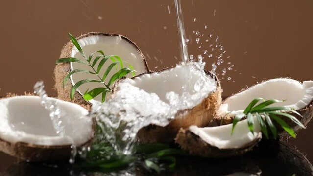 A lot of coconuts were placed on the mirror table in black color and there was a stream of water pouring down from the top. Fresh fruit advertising