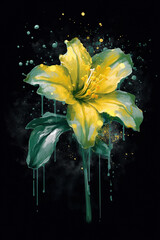 Lily flower made, painted with green and yellow paint. creative generative art