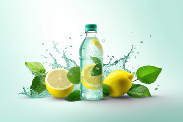 Fresh lemonade in the glass bottle surrounded by lemons mint leaves and pure water splash. Generative art.