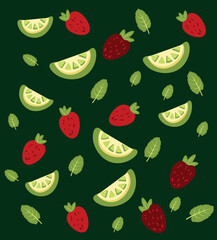 strawberry, lemon, pattern, print, green, frame