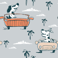 Dog on car funny cool summer t-shirt seamless pattern. Road trip vacation print design. Beach - 616894223