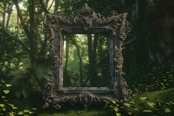 An empty ornate gothic frame in the wood