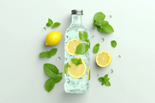 Fresh lemonade in the glass bottle surrounded by lemons mint leaves and pure water splash. Generative art.