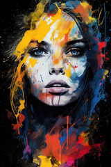 Beautiful woman portrait, colorful painting in grunge style, decorative poster