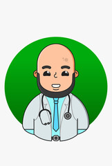 Fototapeta premium Design of a bald medic with a black beard in a white coat blue shirt tie belt with a stethoscope