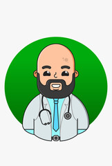 Design of a bald medic with a black beard and mustache in a white gown blue shirt tie belt with a stethoscope