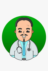 Fototapeta premium Design of medic with black hair thin beard and mustache in white coat blue shirt tie belt with stethoscope
