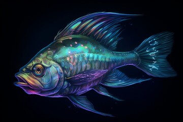 Fantasy Glowing bioluminescent fish isolated on black background. Emitting lure, illuminating the dark abyss