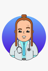 Fototapeta premium Design of a medic with brown long hair and a bun in a white coat, blue shirt, tie, belt with a stethoscope