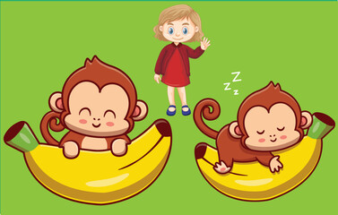 Obraz na płótnie Canvas Two Monkey on the banana different pose with cute girl vector pro illustration 