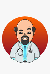 Fototapeta premium Design of a doctor with black hair on the sides and a beard and mustache in a coat blue shirt tie belt with a stethoscope