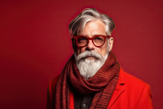 Studio shot of handsome senior man hipster dressed in stylish coat and sunglasses. Isolated on red background