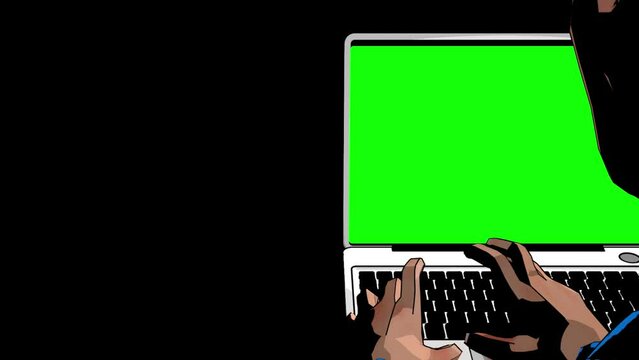 Toon shaded man typing on a laptop with Alpha channel and Green Screen