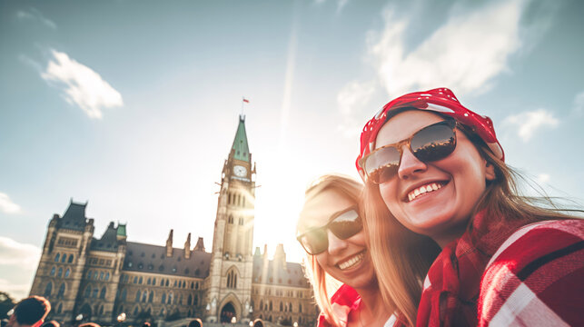 Beautiful female friends taking selfie infront of Parliament of Canada. Canada Day celebration. Summer vacation. Happy tourists visiting Canada. Generative ai.