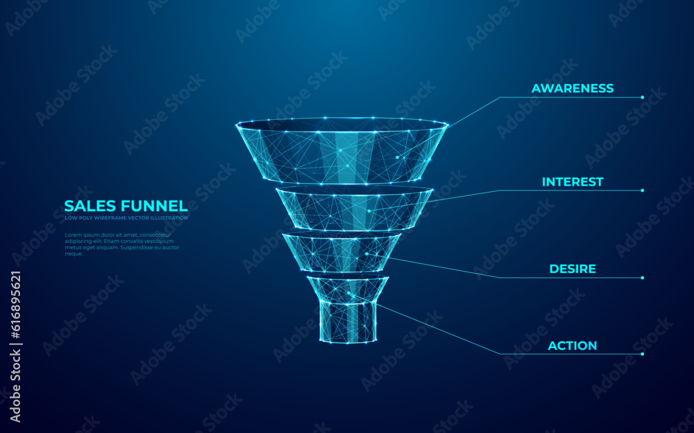 Poster Digital Social Media Sales Funnel in blue technological polygons on dark background. Marketing Abstract Filter. Four Levels of Filtration. Customer Conversion Process. Low poly vector illustration.