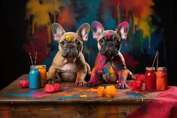 cute dogs playing with paint