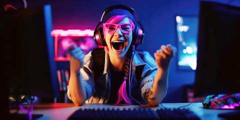 happy girl an esports player behind the monitor is happy to win an cybersports game competition. Generative AI