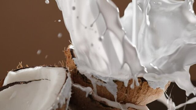 Fresh coconut milk is poured down into a half of dried coconut from above. Slow motion shot. Food and drink advertising