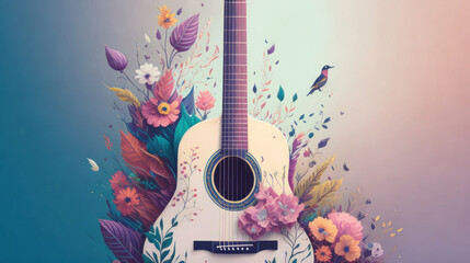 illustration a guitar wearing trendy piano, t-shirt design, flowers splash.Generative AI