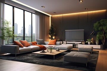 Obraz na płótnie Canvas Beautiful and large living room interior with hardwood floors, fluffy rug and designer furniture,Generative AI