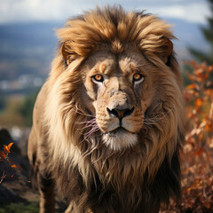Fototapeta premium A majestic lion (Panthera leo) roaming the grassland with a commanding presence. Taken with a professional camera and lens.