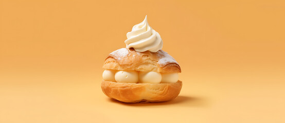 a pastry filled with whipped cream and three eggs Generated by AI