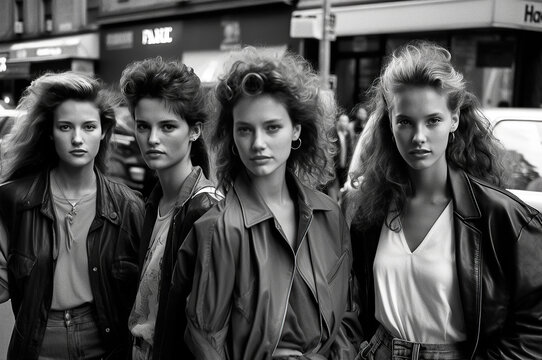 group of female models in fashionable clothes in retro style of the 1990s on city street. Vintage fashion. Generative AI