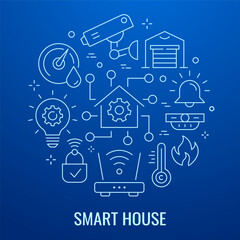 Smart home banner template with line icons. Set of wireless, surveillance, network, router and and others.